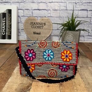ALMA SOUL Shoulder Bag Ethnic Peru Boho Purse Turquoise Multi Flower Lamb's Wool